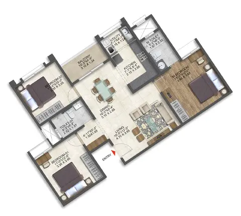 3 BHK Type 8 Unit Plan