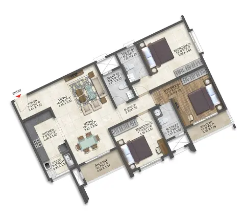 3 BHK Type 3 Unit Plan