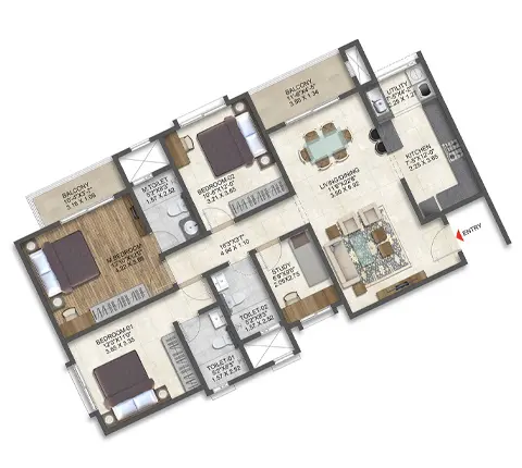 3 BHK Type 8 Unit Plan